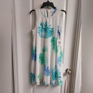 NWT Calvin Klein White Dress with Blue Floral Trim